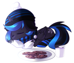 Size: 2264x1920 | Tagged: safe, artist:drawntildawn, oc, oc only, oc:ebony, alicorn, pony, alicorn oc, clothes, cookie, food, milk, scarf, simple background, sleeping, socks, solo, striped socks, transparent background