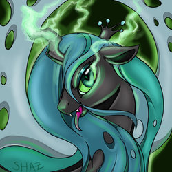 Size: 800x800 | Tagged: safe, artist:commander booty call, queen chrysalis, changeling, changeling queen, g4, female, glowing horn, horn, solo, tongue out