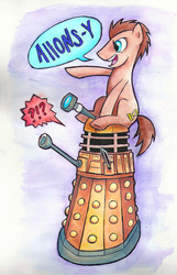 Size: 2160x3360 | Tagged: safe, artist:milesofcrochet, doctor whooves, time turner, alien, pony, allons-y, crossover, dalek, doctor who, male, stallion, the doctor, traditional art