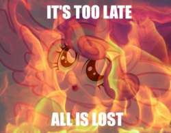 Size: 1100x860 | Tagged: safe, princess flurry heart, alicorn, pony, g4, my little pony: friendship is magic, season 6, baby, baby pony, doom paul, drama, evil, evil flurry heart, exploitable meme, female, fire, flurry heart drama, it's happening, meme, smiling, solo, text, truth