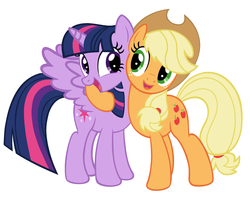 Size: 3632x2884 | Tagged: safe, artist:selusunost, applejack, twilight sparkle, alicorn, pony, g4, duo, high res, hug, simple background, twilight sparkle (alicorn), white background