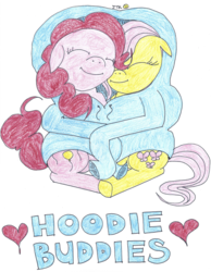 Size: 1257x1622 | Tagged: safe, artist:jamestkelley, fluttershy, pinkie pie, g4, clothes, heart, hoodie, shared clothing, simple background, traditional art, white background