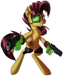 Size: 1554x1845 | Tagged: safe, artist:beardie, oc, oc only, earth pony, pony, bipedal, cyberpunk, earth pony magic, edgy, gun, magic, magic hands, simple background, solo, transparent background, visor, weapon