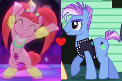 Size: 880x587 | Tagged: safe, edit, edited screencap, screencap, limelight, pacific glow, earth pony, pony, g4, the mane attraction, the saddle row review, bipedal, clothes, dancer, dancing, heart, limeglow, male, shipping, shipping domino, stairs, stallion, straight