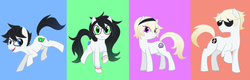 Size: 1557x498 | Tagged: safe, artist:shiroiangelz, bracelet, bucktooth, crossover, dave strider, frown, glasses, homestuck, jade harley, jewelry, john egbert, looking at you, open mouth, ponified, raised hoof, raised leg, rose lalonde, smiling, sunglasses