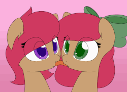Size: 1650x1200 | Tagged: safe, artist:lockheart, oc, oc only, oc:cherry sweetheart, oc:stella cherry, earth pony, pony, animated, blank stare, bow, cute, fluffle puffing, gif, gradient background, kissing, licking, meme, pink background, poni licking poni, simple background, tongue out, twins