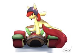 Size: 1842x1302 | Tagged: safe, artist:sakuracheetah, apple bloom, earth pony, pony, g4, the cart before the ponies, applewood derby, cart, female, helmet, solo