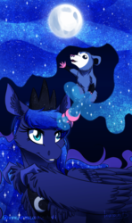 Size: 900x1525 | Tagged: safe, artist:inuhoshi-to-darkpen, princess luna, tiberius, pony, g4, fluffy, magic, moon, night, stars