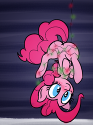 Size: 1182x1592 | Tagged: safe, artist:mang, pinkie pie, earth pony, pony, g4, 30 minute art challenge, blushing, butt, christmas lights, female, plot, solo, suspended, upside down