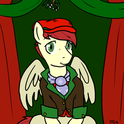 Size: 3600x3600 | Tagged: safe, artist:pony quarantine, care package, special delivery, pegasus, pony, g4, christmas, clothes, colored, festive, hat, hearth's warming, high res, male, mistletoe, sitting, smiling, solo, stallion, vest, wings