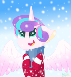 Size: 3584x3872 | Tagged: safe, artist:glitterstar2000, princess flurry heart, pony, g4, clothes, coat, cute, female, flurrybetes, high res, scarf, snow, snowfall, socks, solo, striped socks