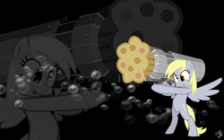Size: 1920x1200 | Tagged: dead source, safe, artist:maximillianveers, edit, derpy hooves, pony, g4, bipedal, bubble, cannon, female, food, muffin, muffin cannon, solo