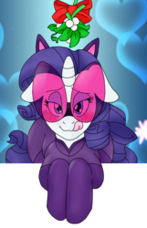 Size: 1153x1785 | Tagged: safe, artist:blackbewhite2k7, rarity, pony, g4, blushing, breaking the fourth wall, catwoman, clothes, costume, crossover, female, heart, imminent kissing, licking, licking lips, mistletoe, offscreen character, pov, solo, tongue out