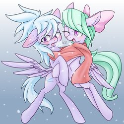 Size: 1500x1500 | Tagged: safe, artist:azurepicker, cloudchaser, flitter, pegasus, pony, adorable face, clothes, cute, cutechaser, diabetes, female, flitterbetes, hug, incest, lesbian, pegacest, ribbon, scarf, shared clothing, shared scarf, shipping, simple background, snow