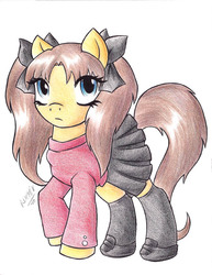 Size: 612x791 | Tagged: safe, artist:darksteellycaon, pony, boot, clothes, cute, fate/stay night, pigtails, pleated skirt, ponified, rin tohsaka, shoes, simple background, skirt, socks, solo, traditional art, twintails, white background