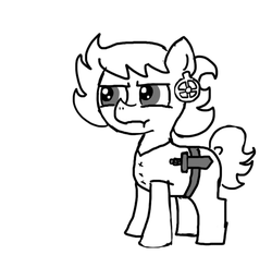 Size: 640x600 | Tagged: safe, artist:ficficponyfic, oc, oc only, oc:ruby rouge, earth pony, pony, colt quest, belt, child, ear piercing, earring, female, filly, foal, frown, irritated, jewelry, knife, monochrome, piercing, solo, story included