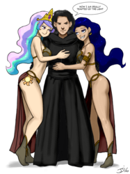 Size: 765x1024 | Tagged: safe, artist:ixalon, artist:johnjoseco, color edit, edit, nightmare moon, princess celestia, princess luna, human, g4, bedroom eyes, breasts, colored, crossover, crossover shipping, cutie mark on human, grin, hips, hug, humanized, kylo ren, legs, loincloth, looking at you, lucky bastard, male, midriff, polyamory, royal sisters, sex slave, shipping, sideass, simple background, slave, slave leia outfit, smiling, smirk, star wars, star wars: the force awakens, straight, teeth, white background