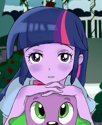 Size: 720x886 | Tagged: safe, artist:leone di cielo, edit, spike, twilight sparkle, dog, equestria girls, g4, cute, flower, looking at you, smiling, spike the dog