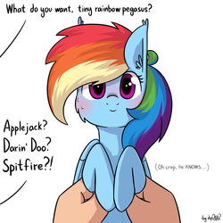 Size: 1920x1920 | Tagged: safe, artist:dsp2003, part of a set, rainbow dash, human, pegasus, pony, g4, blushing, comic, cute, dashabetes, holding a pony, i can't believe it's not tjpones, implied applejack, implied daring do, implied lesbian, implied shipping, implied spitfire, looking at you, nervous, offscreen character, part of a series, simple background, single panel, smiling, style emulation, sweat, tumblr, what do you want, white background, wide eyes
