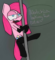 Size: 1014x1099 | Tagged: safe, artist:booker-the-dewitt, pinkie pie, earth pony, pony, g4, bedroom eyes, dialogue, female, looking at you, open mouth, pinkamena diane pie, pole dancing, ponk, solo, stripper pole