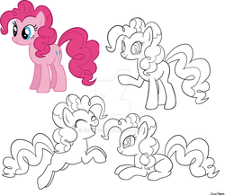 Size: 1024x890 | Tagged: safe, artist:saber-panda, pinkie pie, earth pony, pony, g4, eyes closed, female, prone, raised hoof, simple background, sketch, smiling, solo, vector, watermark, white background