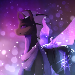 Size: 1600x1600 | Tagged: safe, artist:myralilth, oc, oc only, oc:memorynumber, changeling, changeling oc, clothes, purple changeling, scarf, snow, solo, spread wings