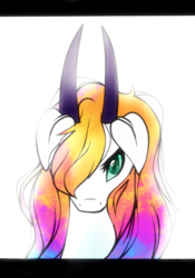 Size: 421x601 | Tagged: safe, artist:symphstudio, oc, oc only, oc:capricorn, pony, bust, hair over one eye, horns, looking at you, portrait, simple background, solo