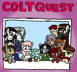 Size: 640x600 | Tagged: safe, artist:ficficponyfic, edit, oc, oc only, oc:adetokunbo, oc:emerald jewel, oc:giles pecan, oc:hope blossoms, oc:joyride, oc:papillon, oc:praline, oc:ruby rouge, oc:sensoria, donkey, earth pony, griffon, pony, unicorn, zebra, colt quest, :t, adult, amulet, angry, bandana, beard, bedroom eyes, blind, bowtie, cast, clothes, colt, crowd, cute, cyoa, demon hunter, ear piercing, earring, eyes closed, eyeshadow, facial hair, female, femboy, filly, floppy ears, flower, flower in hair, frown, glare, grin, hair over eyes, hair over one eye, handkerchief, happy, hat, hidden eyes, hood, horn, jewelry, logo, maid, makeup, male, mantle, mare, open mouth, photo, picture, piercing, pirate, ponytail, recap, robe, smiling, squire, sweater, title, title card, toque, unamused, waving, wide eyes
