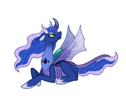 Size: 1943x1518 | Tagged: safe, artist:maskarie, princess luna, changedling, changeling, g4, to where and back again, changedlingified, changelingified, curved horn, female, floppy ears, hoof shoes, horn, lidded eyes, lying down, prone, simple background, smiling, solo, species swap, spread wings, transparent background, wings, yellow sclera