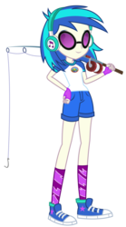 Size: 1441x2591 | Tagged: safe, artist:sketchmcreations, dj pon-3, vinyl scratch, equestria girls, g4, my little pony equestria girls: legend of everfree, camp everfree outfits, clothes, converse, earbuds, female, fishing rod, glasses, hand on hip, shoes, shorts, simple background, smiling, sneakers, solo, transparent background, vector
