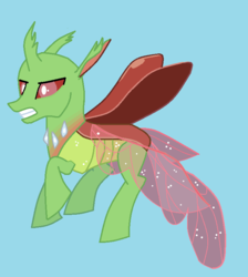 Size: 680x760 | Tagged: safe, artist:watermelon changeling, derpibooru exclusive, arista, changedling, changeling, g4, to where and back again, angry, blue background, flying, green changeling, ms paint, simple background, solo, spread wings