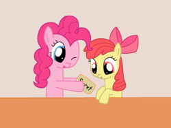 Size: 1600x1200 | Tagged: safe, artist:franzeir, apple bloom, pinkie pie, g4, one eye closed, simple background, wink