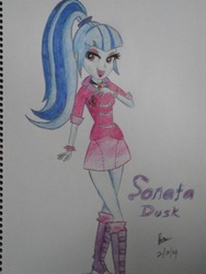 Size: 3000x4000 | Tagged: safe, artist:brianchoobrony-artie, sonata dusk, equestria girls, g4, boots, clothes, female, jewelry, necklace, ponytail, skirt, socks, solo, traditional art