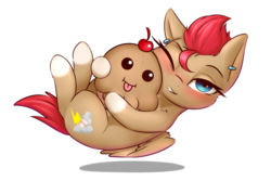 Size: 1800x1200 | Tagged: safe, artist:captainpudgemuffin, oc, oc only, oc:avery softequine, pegasus, pony, 2017 community collab, derpibooru community collaboration, blushing, ear piercing, floating, looking at you, muffin, one eye closed, piercing, plushie, simple background, tongue out, transparent background
