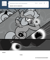 Size: 666x800 | Tagged: safe, artist:egophiliac, princess luna, pony, moonstuck, g4, cartographer's cap, female, filly, grayscale, hat, jewelry, magic, monochrome, rock, sailor moon (series), solo, tiara, woona, younger