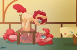 Size: 1280x832 | Tagged: safe, artist:fluffyxai, pinkie pie, oc, earth pony, pony, g4, female, filly, offspring, on back, parent:oc:lexis arc, parent:pinkie pie, parents:canon x oc, table