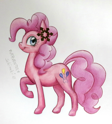 Size: 2107x2322 | Tagged: safe, artist:nerventee, artist:schiraki, pinkie pie, earth pony, pony, g4, female, hair accessory, high res, raised hoof, solo, traditional art