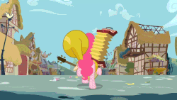 Size: 900x506 | Tagged: safe, screencap, pinkie pie, earth pony, parasprite, pony, g4, season 1, swarm of the century, accordion, animated, ass, banjo, butt, cymbals, female, gif, harmonica, mare, musical instrument, one-pony band, ponyville, sousaphone, tambourine, tuba
