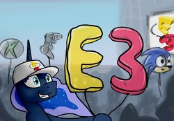 Size: 1280x896 | Tagged: artist needed, safe, princess luna, alicorn, pony, my little brony risovach, g4, balloon, cap, controller, crossover, day, e3, hat, male, sonic the hedgehog, sonic the hedgehog (series), xbox