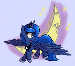 Size: 1163x1019 | Tagged: safe, artist:malphee, princess luna, pony, g4, cheese moon, edible heavenly object, female, flying, moon, simple background, solo, tangible heavenly object