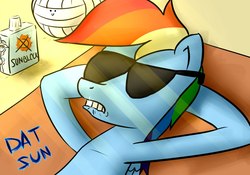 Size: 1280x896 | Tagged: artist needed, safe, rainbow dash, g4, ball, female, glasses, lip bite, solo, sunglasses, sunscreen