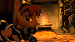 Size: 1280x720 | Tagged: safe, artist:zeb, derpibooru exclusive, oc, oc only, oc:cold front, pegasus, pony, 3d, bedroom eyes, clothes, crossdressing, dress, fireplace, looking at you, maid, male, prone, smiling, socks, solo, source filmmaker, stallion, striped socks