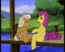 Size: 450x360 | Tagged: safe, screencap, ace, bon bon (g1), earth pony, pony, g1, my little pony tales, the great lemonade stand wars, ace-hole, animated, animation error, bipedal, female, gif, male, running, sitting, waving