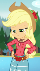 Size: 410x720 | Tagged: safe, screencap, applejack, equestria girls, g4, my little pony equestria girls: legend of everfree, camp fashion show outfit, cropped, female, solo, tree