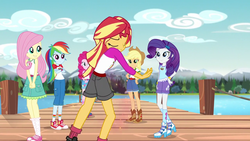 Size: 1280x720 | Tagged: safe, screencap, applejack, fluttershy, rainbow dash, rarity, sunset shimmer, equestria girls, g4, my little pony equestria girls: legend of everfree, clothes, cloud, converse, female, mountain, shoes, sky, tree