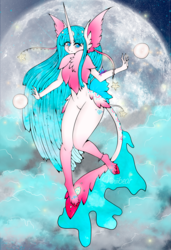 Size: 1024x1500 | Tagged: safe, artist:niniibear, opalescence, unicorn, anthro, g4, blue, chest fluff, cloud, cute, female, fluffy, galaxy, moon, night, pearl, pink, semi closed species, solo, species, stars, white