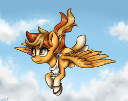 Size: 3390x2675 | Tagged: safe, artist:gaelledragons, oc, oc only, oc:serenity, pegasus, pony, bracelet, cloud, female, flying, high res, jewelry, mare, solo
