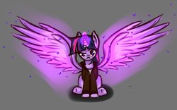 Size: 1440x900 | Tagged: artist needed, safe, twilight sparkle, alicorn, pony, g4, clothes, facial hair, female, glowing horn, horn, looking at you, magic, moustache, raised eyebrow, sitting, solo, spread wings, twilight sparkle (alicorn), underhoof