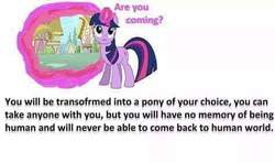 Size: 474x280 | Tagged: safe, twilight sparkle, pony, g4, bronybait, female, ponyville, portal, question, solo, text
