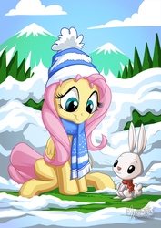 Size: 955x1351 | Tagged: safe, artist:mysticalpha, angel bunny, fluttershy, pegasus, pony, g4, clothes, cloud, cute, duo, female, folded wings, hat, looking down, male, mare, mountain, outdoors, scarf, shyabetes, sitting, smiling, snow, tree, wings, winter, winter outfit